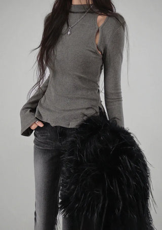Hole Three Cutout Turtleneck Side Slit Knit Top