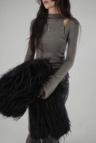 Hole Three Cutout Turtleneck Side Slit Knit Top