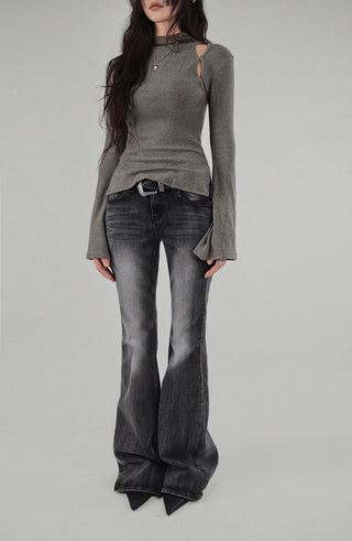 Hole Three Cutout Turtleneck Side Slit Knit Top