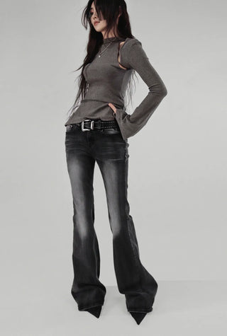 Hole Three Cutout Turtleneck Side Slit Knit Top