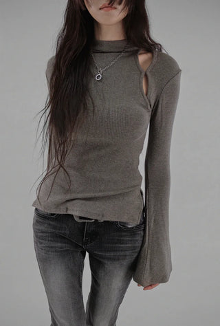 Hole Three Cutout Turtleneck Side Slit Knit Top