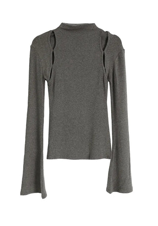 Hole Three Cutout Turtleneck Side Slit Knit Top
