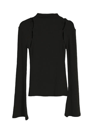 Hole Three Cutout Turtleneck Side Slit Knit Top