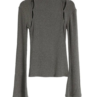 Hole Three Cutout Turtleneck Side Slit Knit Top