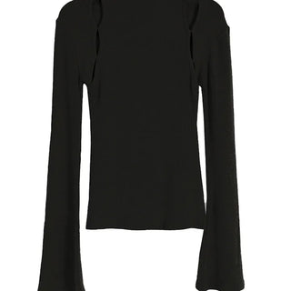 Hole Three Cutout Turtleneck Side Slit Knit Top