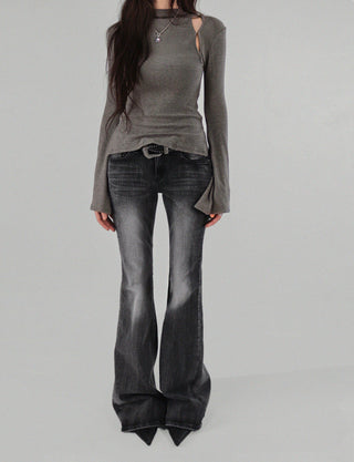 Hole Three Cutout Turtleneck Side Slit Knit Top