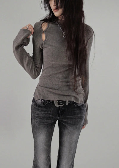 Hole Three Cutout Turtleneck Side Slit Knit Top
