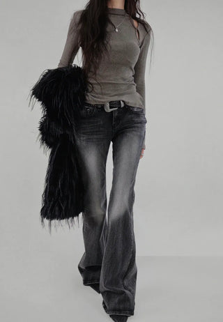 ALL DARK GRAY BRUSH WASHING SLIM FIT BOOTCUT JEANS