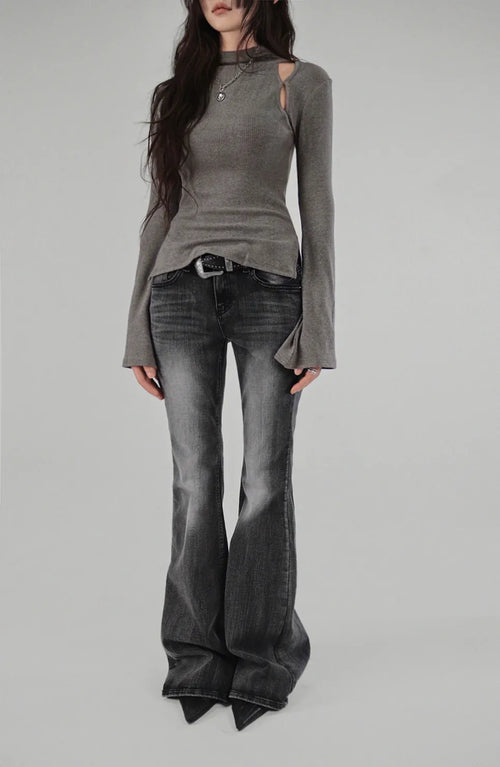 ALL DARK GRAY BRUSH WASHING SLIM FIT BOOTCUT JEANS