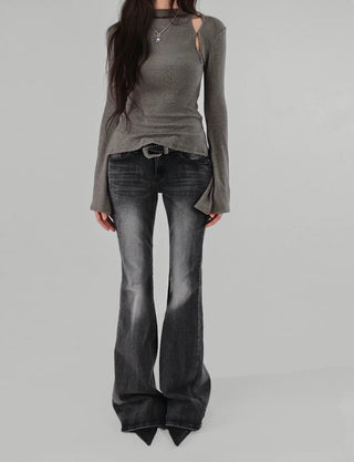 ALL DARK GRAY BRUSH WASHING SLIM FIT BOOTCUT JEANS