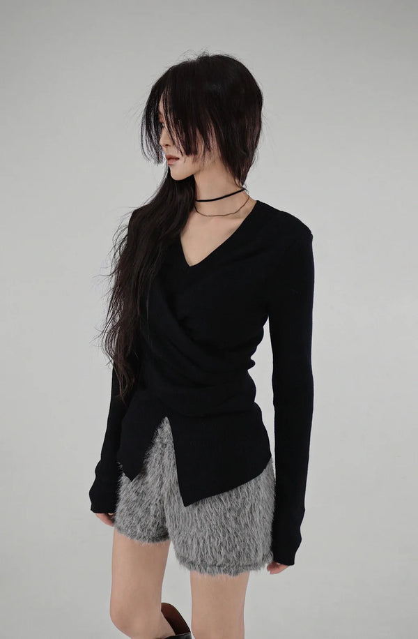 Wrap Mood Twisted Slit Soft V-Neck Knit