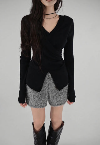 Wrap Mood Twisted Slit Soft V-Neck Knit