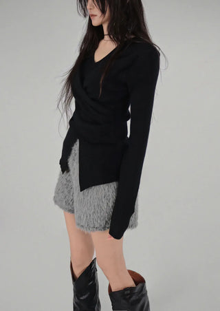 Wrap Mood Twisted Slit Soft V-Neck Knit