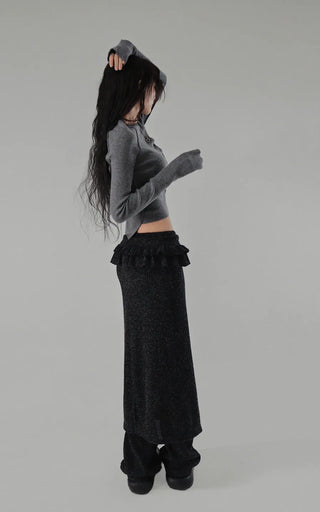 BLOCK CUT UNBAL SHIRRING BUTTON KNIT CARDIGAN