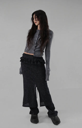 BLOCK CUT UNBAL SHIRRING BUTTON KNIT CARDIGAN