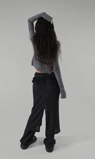 BLOCK CUT UNBAL SHIRRING BUTTON KNIT CARDIGAN