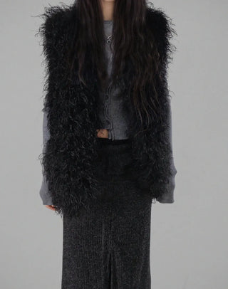 BLOCK CUT UNBAL SHIRRING BUTTON KNIT CARDIGAN