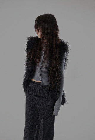 BLOCK CUT UNBAL SHIRRING BUTTON KNIT CARDIGAN