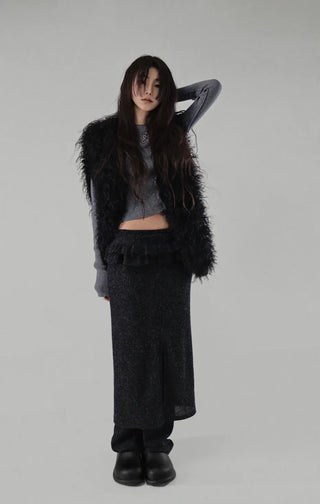 BLOCK CUT UNBAL SHIRRING BUTTON KNIT CARDIGAN