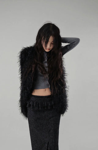 BLOCK CUT UNBAL SHIRRING BUTTON KNIT CARDIGAN