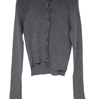 BLOCK CUT UNBAL SHIRRING BUTTON KNIT CARDIGAN