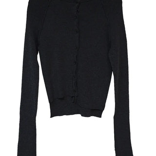 BLOCK CUT UNBAL SHIRRING BUTTON KNIT CARDIGAN