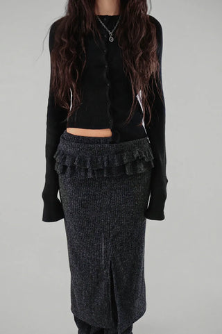 BLOCK CUT UNBAL SHIRRING BUTTON KNIT CARDIGAN