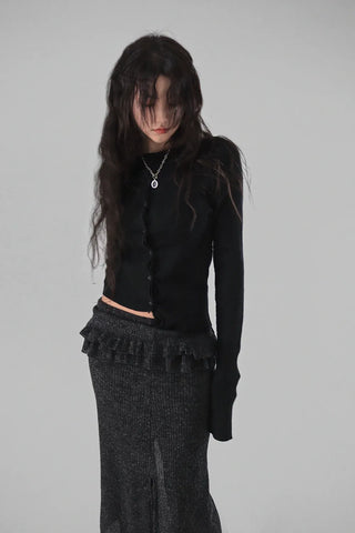 BLOCK CUT UNBAL SHIRRING BUTTON KNIT CARDIGAN