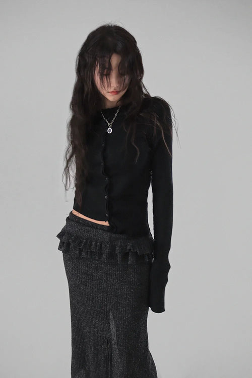 BLOCK CUT UNBAL SHIRRING BUTTON KNIT CARDIGAN