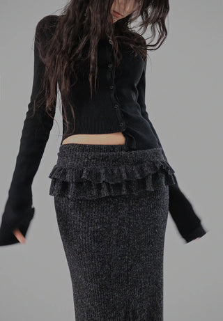 BLOCK CUT UNBAL SHIRRING BUTTON KNIT CARDIGAN