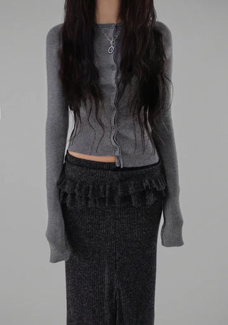 BLOCK CUT UNBAL SHIRRING BUTTON KNIT CARDIGAN