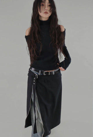 LE SHOULDER SLIT OFF-SHOULDER TURTLENECK KNITWEAR