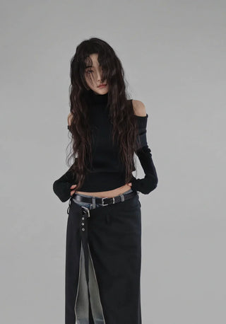 LE SHOULDER SLIT OFF-SHOULDER TURTLENECK KNITWEAR