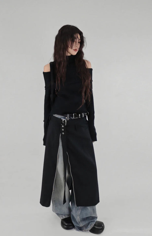 LE SHOULDER SLIT OFF-SHOULDER TURTLENECK KNITWEAR