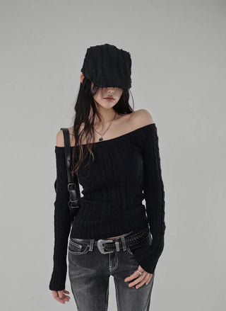 Twisted Wide Neck Half Off-Shoulder Round Knit Top