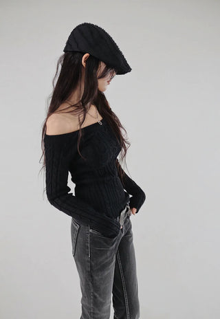 Twisted Wide Neck Half Off-Shoulder Round Knit Top