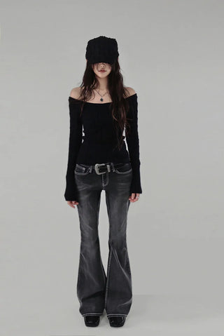 Twisted Wide Neck Half Off-Shoulder Round Knit Top