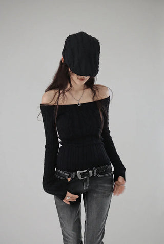 Twisted Wide Neck Half Off-Shoulder Round Knit Top