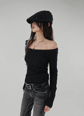 Twisted Wide Neck Half Off-Shoulder Round Knit Top