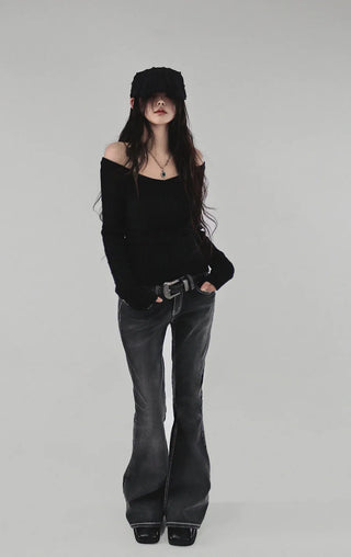 Twisted Wide Neck Half Off-Shoulder Round Knit Top