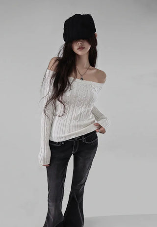 Twisted Wide Neck Half Off-Shoulder Round Knit Top