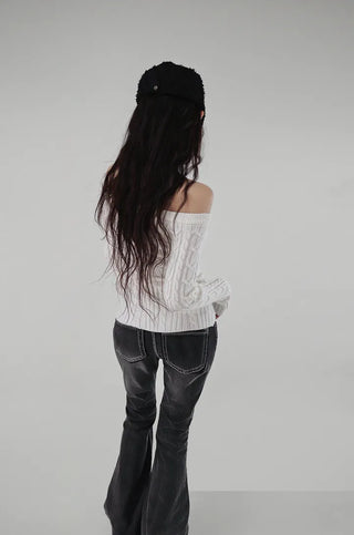 Twisted Wide Neck Half Off-Shoulder Round Knit Top