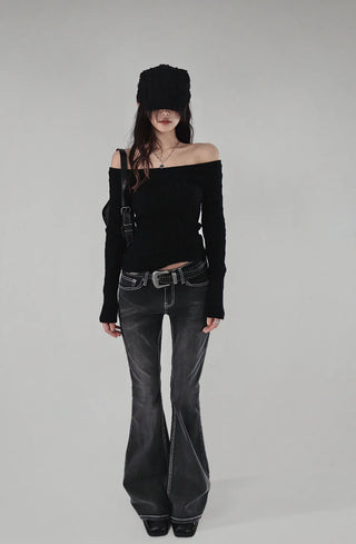 Twisted Wide Neck Half Off-Shoulder Round Knit Top