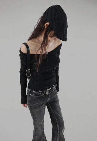 Twisted Wide Neck Half Off-Shoulder Round Knit Top