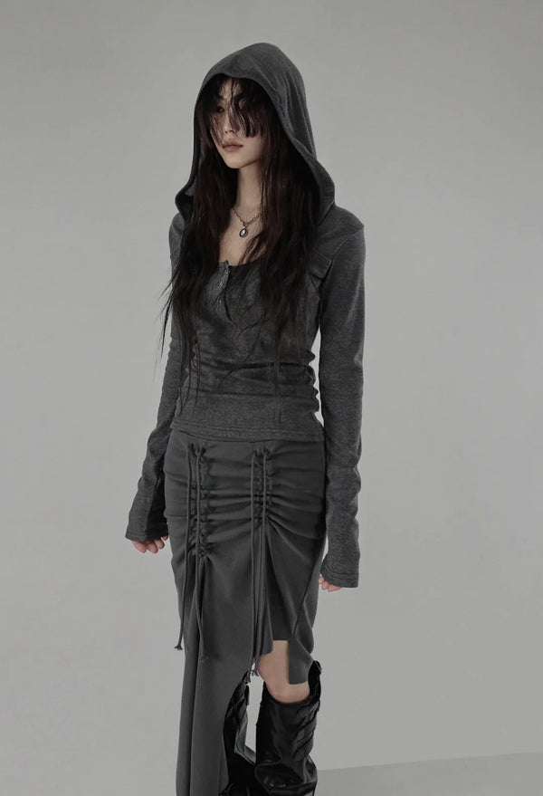 ILEU TUNNEL SHIRRING STRAP LAYERED SLIT UNBAL SKIRT