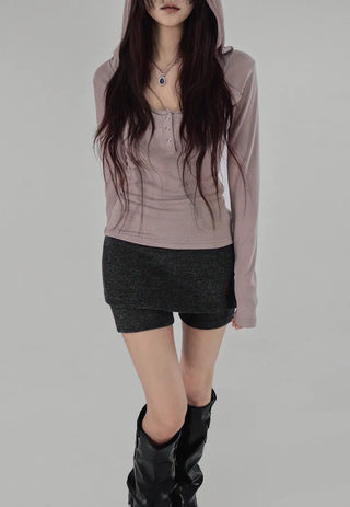 HOODIE POCKET U-NECK SNAP BUTTON HOOD T