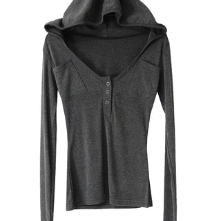 HOODIE POCKET U-NECK SNAP BUTTON HOOD T