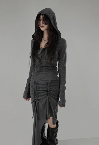 HOODIE POCKET U-NECK SNAP BUTTON HOOD T
