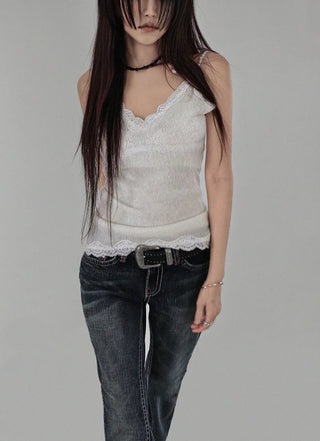 MEATS KNIT LACE HALF SLEEVELESS TOP