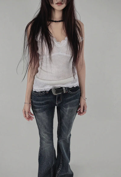 MEATS KNIT LACE HALF SLEEVELESS TOP